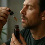Muž zvažuje použitie hašišového oleja z pipety