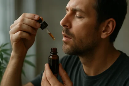 Muž zvažuje použitie hašišového oleja z pipety