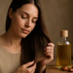 Žena s hladkými, lesklými vlasmi a arganovým olejom na stole