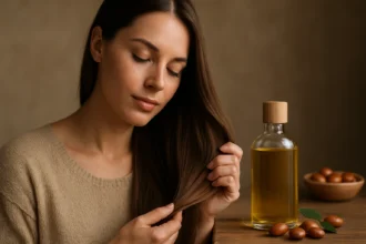 Žena s hladkými, lesklými vlasmi a arganovým olejom na stole