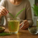 Žena pripravuje čaj z nátržníka husieho s bylinkami na drevenom stole.