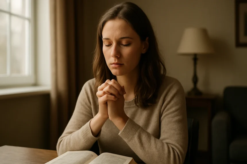 Žena modliaca sa s Ježišovou modlitbou a hľadajúca vnútorný pokoj.