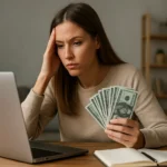 Žena s počítačom a peniazmi, premýšľa o online zarábaní