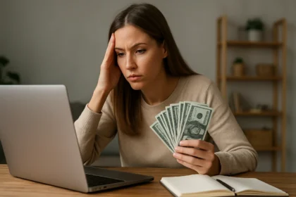 Žena s počítačom a peniazmi, premýšľa o online zarábaní