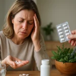 Žena s bolesťou hlavy rozvažuje medzi liekom proti bolesti a prírodnou alternatívou.