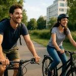 Dva cyklisti sa usmievajú počas jazdy na bicykloch v parku.