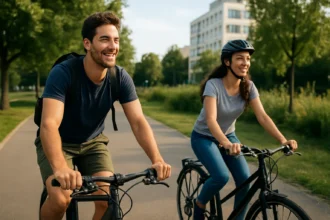 Dva cyklisti sa usmievajú počas jazdy na bicykloch v parku.