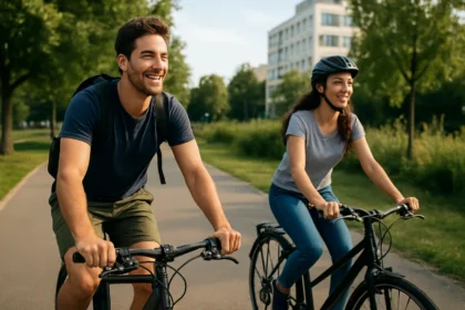Dva cyklisti sa usmievajú počas jazdy na bicykloch v parku.