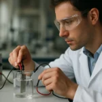 Odborník v laboratóriu skúma elektrochemické procesy s aktívnou anódou.