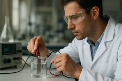 Odborník v laboratóriu skúma elektrochemické procesy s aktívnou anódou.