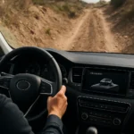 Vodič ovládajúci moderné auto počas jazdy po svahovitom teréne.