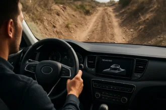 Vodič ovládajúci moderné auto počas jazdy po svahovitom teréne.