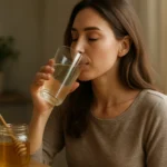 Žena pije medovú vodu, zdravý nápoj na posilnenie imunity.