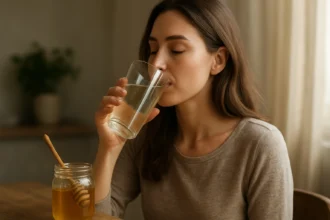 Žena pije medovú vodu, zdravý nápoj na posilnenie imunity.