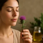 Žena s kvetom pestrec mariánsky, prírodným elixírom pre krásu pokožky