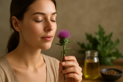 Žena s kvetom pestrec mariánsky, prírodným elixírom pre krásu pokožky