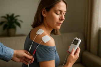 Žena podstupuje TENS terapiu na zmiernenie bolesti.