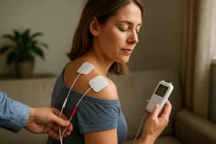 Žena podstupuje TENS terapiu na zmiernenie bolesti.