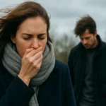 Žena so zakrytými ústami na veternom dni, zhoršené dýchacie ťažkosti