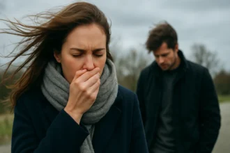 Žena so zakrytými ústami na veternom dni, zhoršené dýchacie ťažkosti