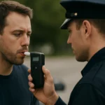 Muž meria hladinu alkoholu v krvi pomocou digitálneho alkoholtestera.