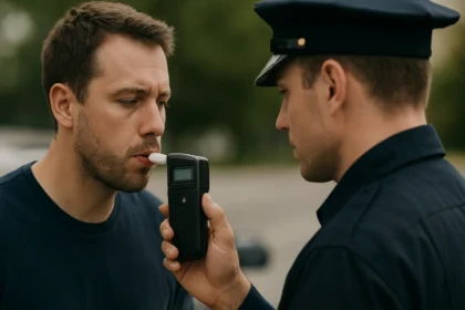 Muž meria hladinu alkoholu v krvi pomocou digitálneho alkoholtestera.