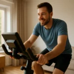 Muž cvičiaci na stacionárnom bicykli v domácom prostredí