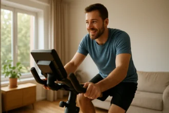 Muž cvičiaci na stacionárnom bicykli v domácom prostredí