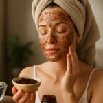 Žena s kávovým peelingom na tvári, starostlivosť o pleť