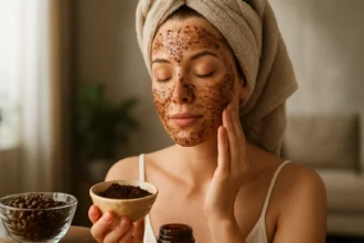 Žena s kávovým peelingom na tvári, starostlivosť o pleť