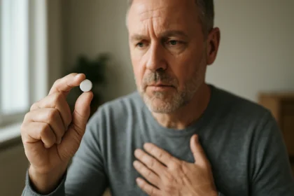 Muž drží tabletku nitroglycerínu, zameraný na kardiovaskulárne zdravie.