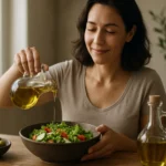 Žena polieva šalát olivovým olejom v domácnosti.