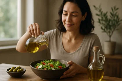 Žena polieva šalát olivovým olejom v domácnosti.