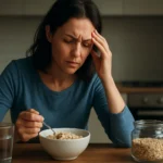 Žena s ťažkosťami pri konzumácii ovsených vločiek v kuchyni