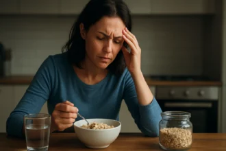 Žena s ťažkosťami pri konzumácii ovsených vločiek v kuchyni