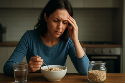 Žena s ťažkosťami pri konzumácii ovsených vločiek v kuchyni