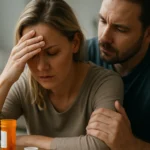 Žena s bolesťou v hlave a muž ju povzbudzuje.