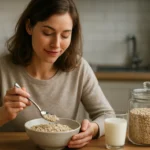 Žena si vychutnáva ovsené vločky s mliekom na raňajky.