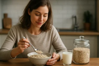 Žena si vychutnáva ovsené vločky s mliekom na raňajky.