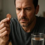 Muž skúma mincu, symbolizujúcu význam medi v zdraví.