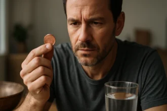 Muž skúma mincu, symbolizujúcu význam medi v zdraví.