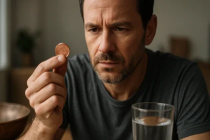 Muž skúma mincu, symbolizujúcu význam medi v zdraví.