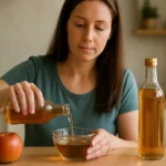 Žena nalieva jablkový ocot do misky v kuchyni.