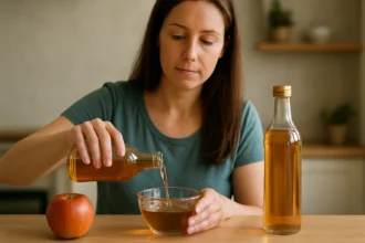 Žena nalieva jablkový ocot do misky v kuchyni.