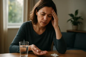 Žena s tabletou lítia a pohárom vody, znepokojená svojím duševným zdravím.