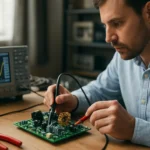 Technik skúma DC-DC menič na elektronickej doske obvodu