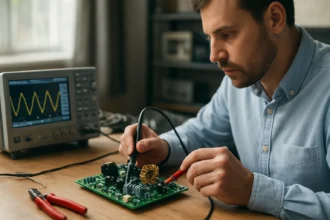 Technik skúma DC-DC menič na elektronickej doske obvodu