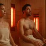 Pár relaxuje v infračervenej saune, užívajúc si blahodarné účinky tepla.