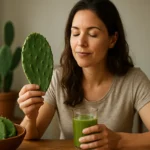 Žena s nopálovým kaktusom a džúsom v pohári