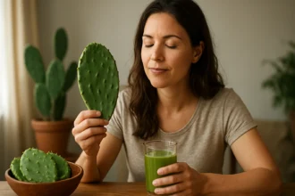 Žena s nopálovým kaktusom a džúsom v pohári